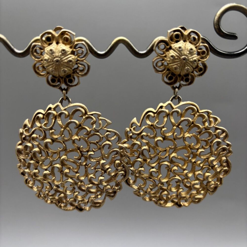 DKNY Clip On Earrings Vintage Gold Tone Filigree Round Dangle Statement Large